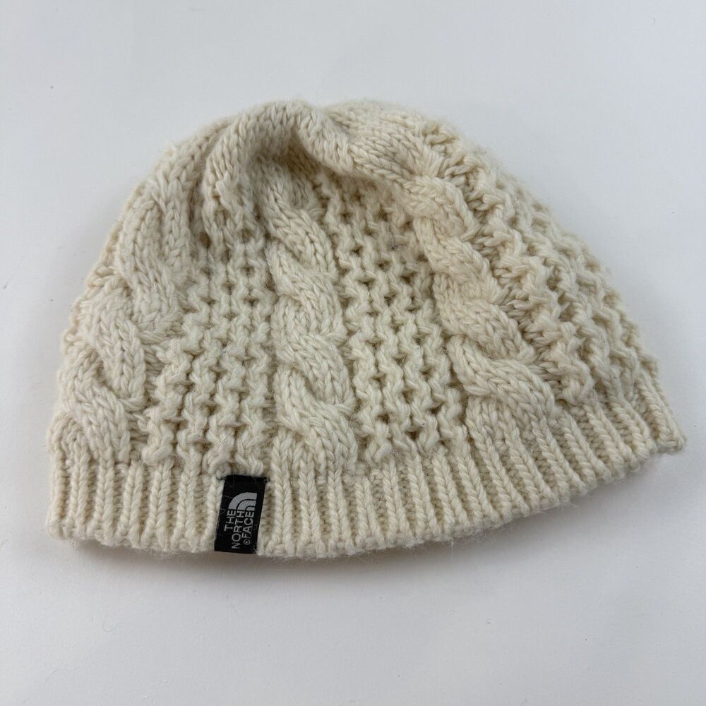 North Face Beanie Ivory CableKnit Hat OS Wool Acrylic Alpaca Unisex Fleece Lined
